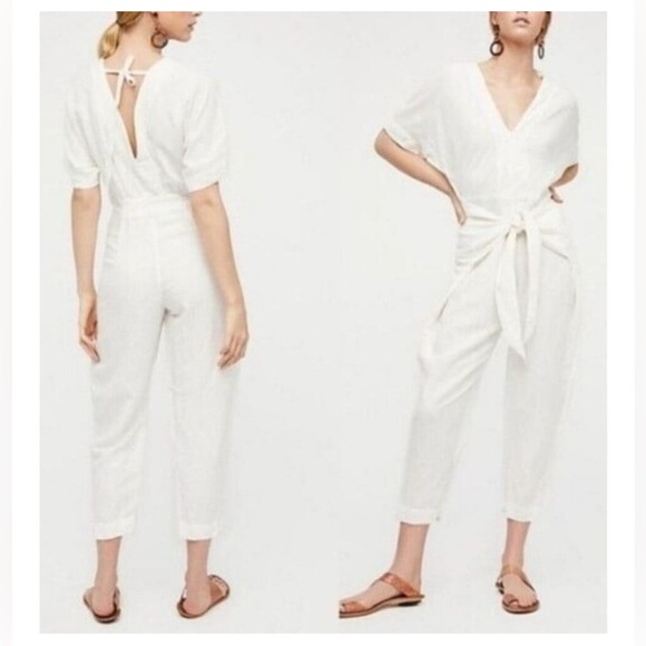 FREE PEOPLE Eyelet Jumpsuit Size S Ivory linen waist tie size S - Picture 1 of 10